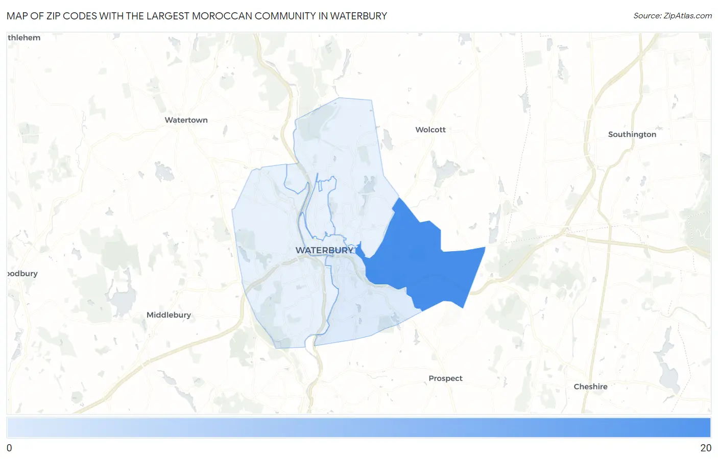 Zip Codes with the Largest Moroccan Community in Waterbury Map