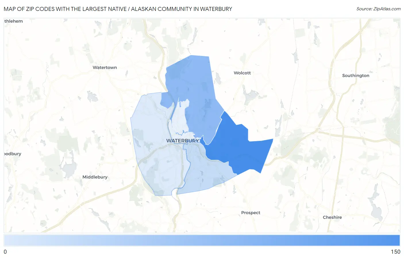 Zip Codes with the Largest Native / Alaskan Community in Waterbury Map