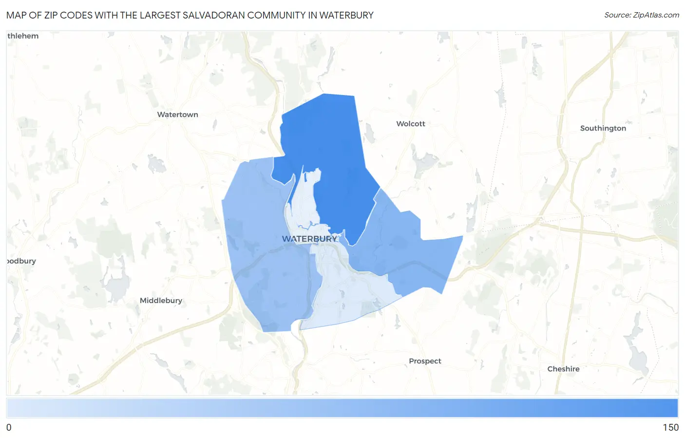 Zip Codes with the Largest Salvadoran Community in Waterbury Map