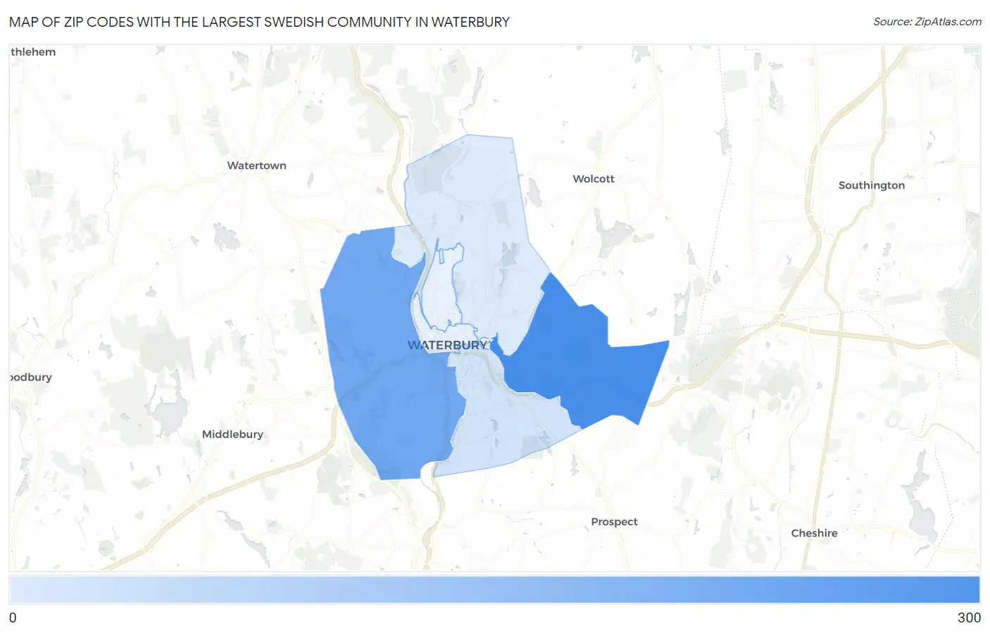 Zip Codes with the Largest Swedish Community in Waterbury Map