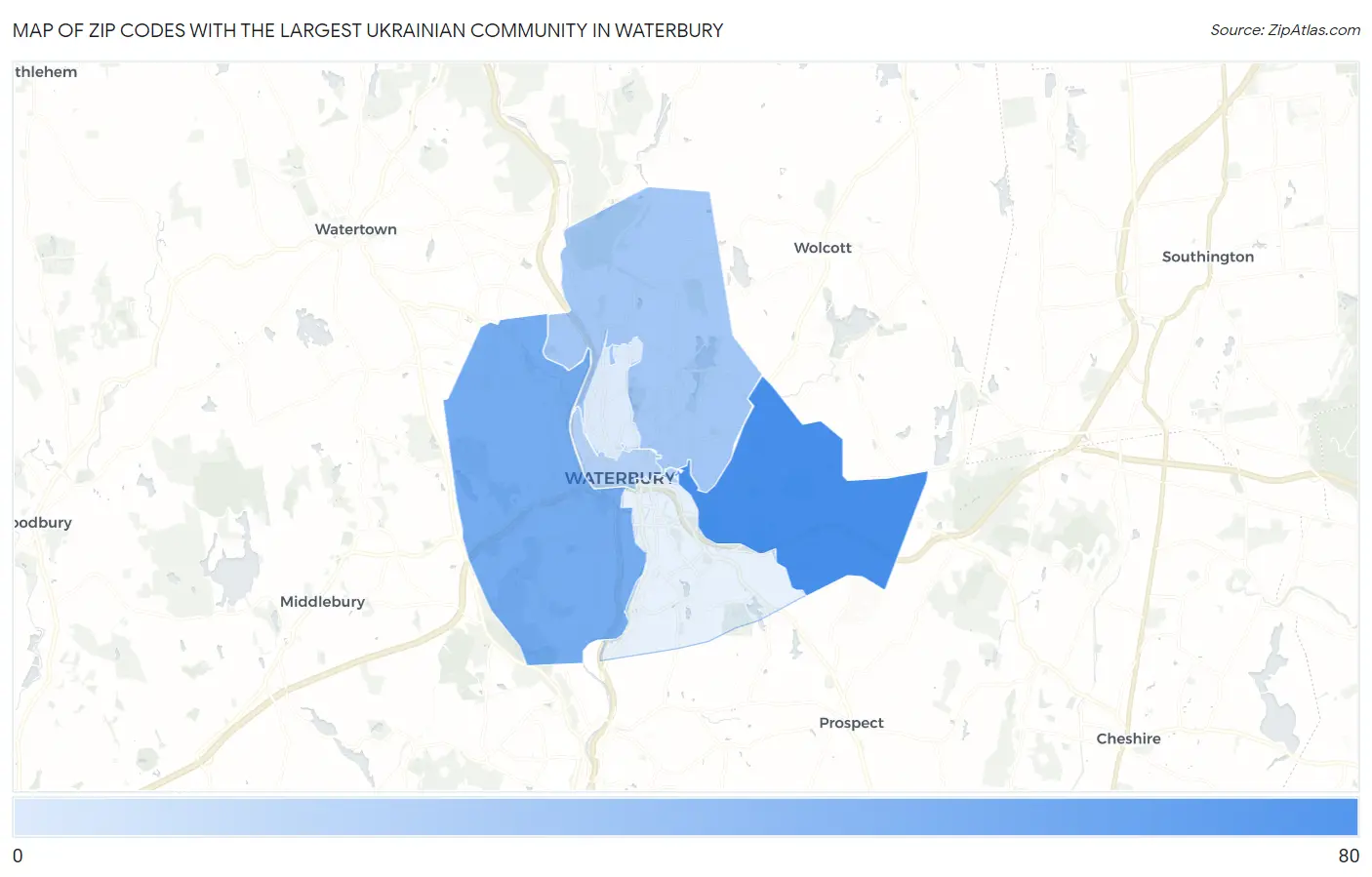 Zip Codes with the Largest Ukrainian Community in Waterbury Map