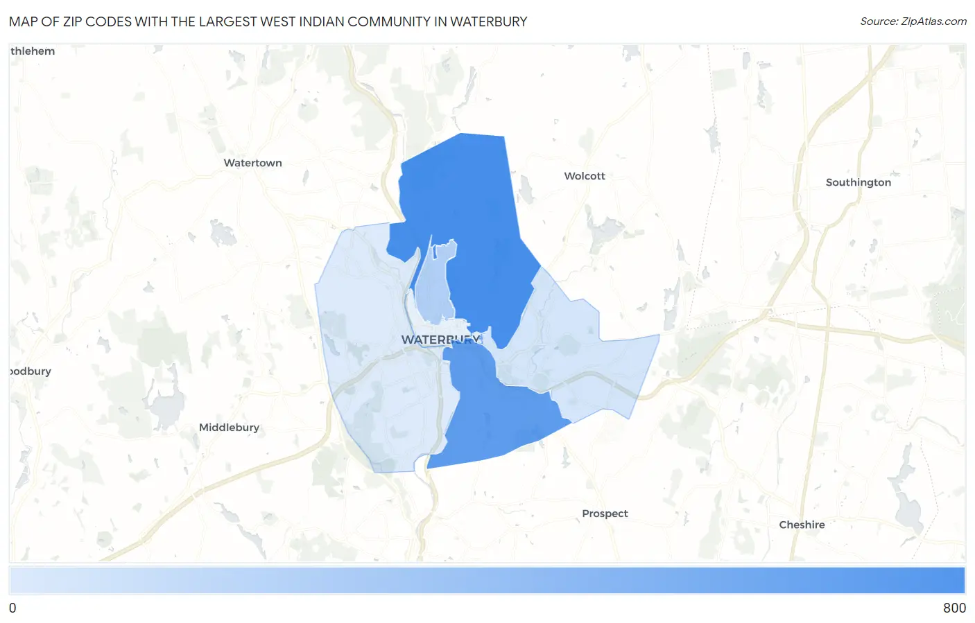 Zip Codes with the Largest West Indian Community in Waterbury Map