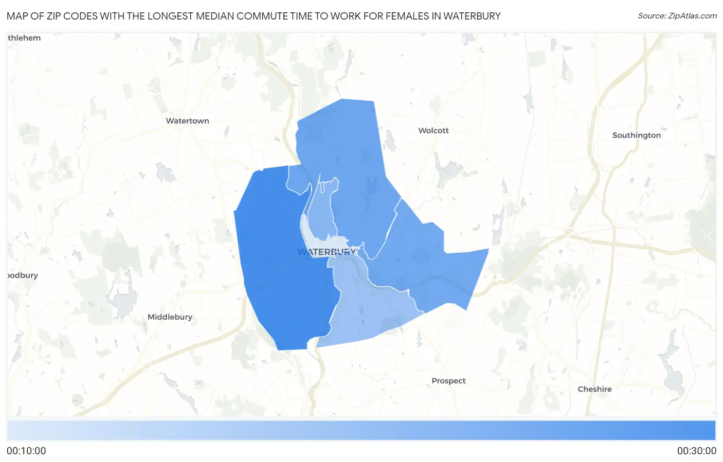 Zip Codes with the Longest Median Commute Time to Work for Females in Waterbury Map