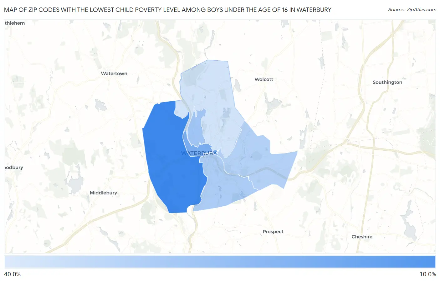 Zip Codes with the Lowest Child Poverty Level Among Boys Under the Age of 16 in Waterbury Map