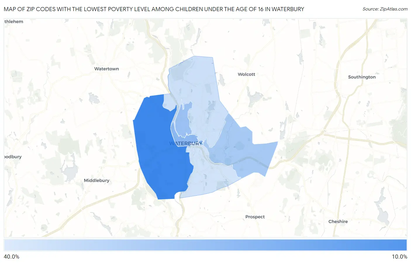 Zip Codes with the Lowest Poverty Level Among Children Under the Age of 16 in Waterbury Map