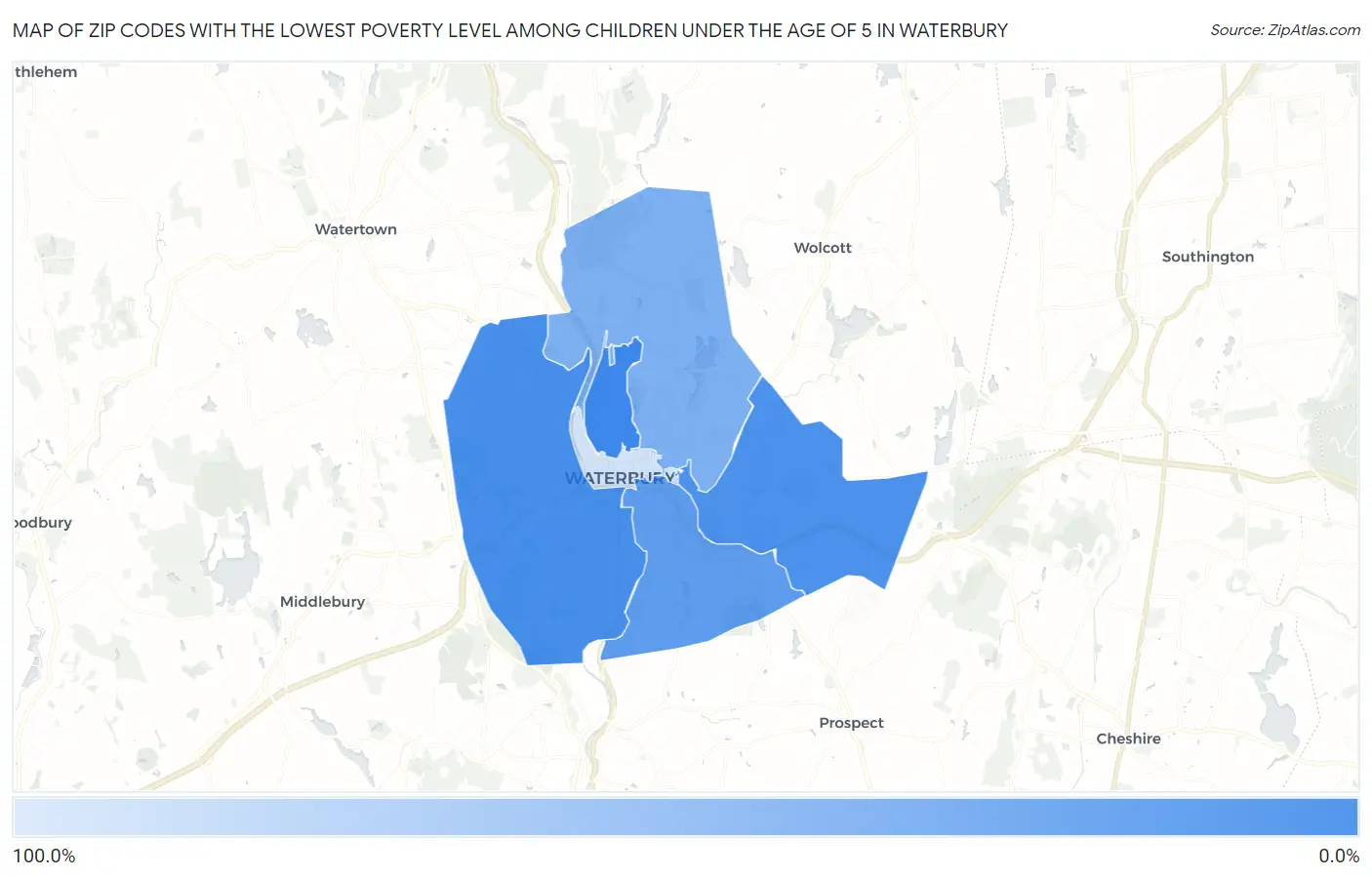 Zip Codes with the Lowest Poverty Level Among Children Under the Age of 5 in Waterbury Map