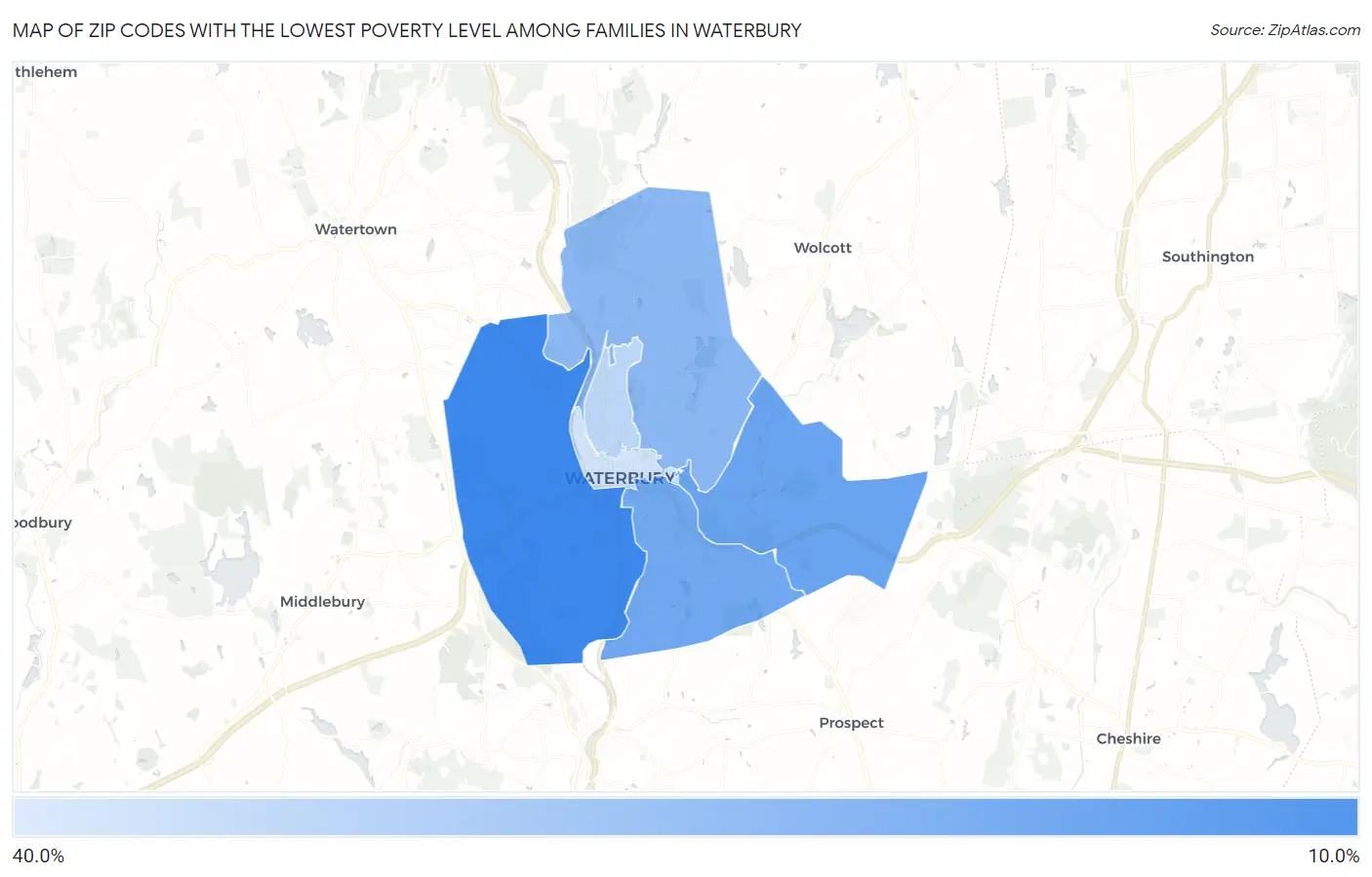 Zip Codes with the Lowest Poverty Level Among Families in Waterbury Map