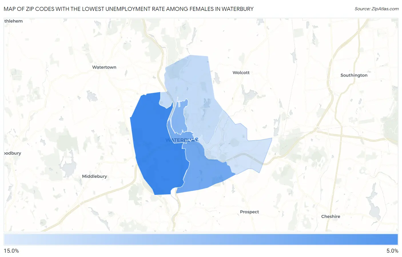 Zip Codes with the Lowest Unemployment Rate Among Females in Waterbury Map