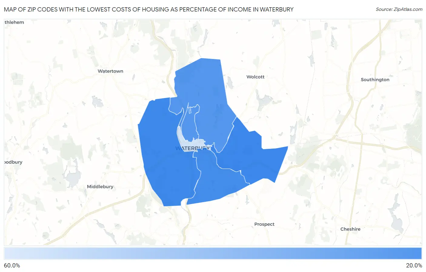 Zip Codes with the Lowest Costs of Housing as Percentage of Income in Waterbury Map