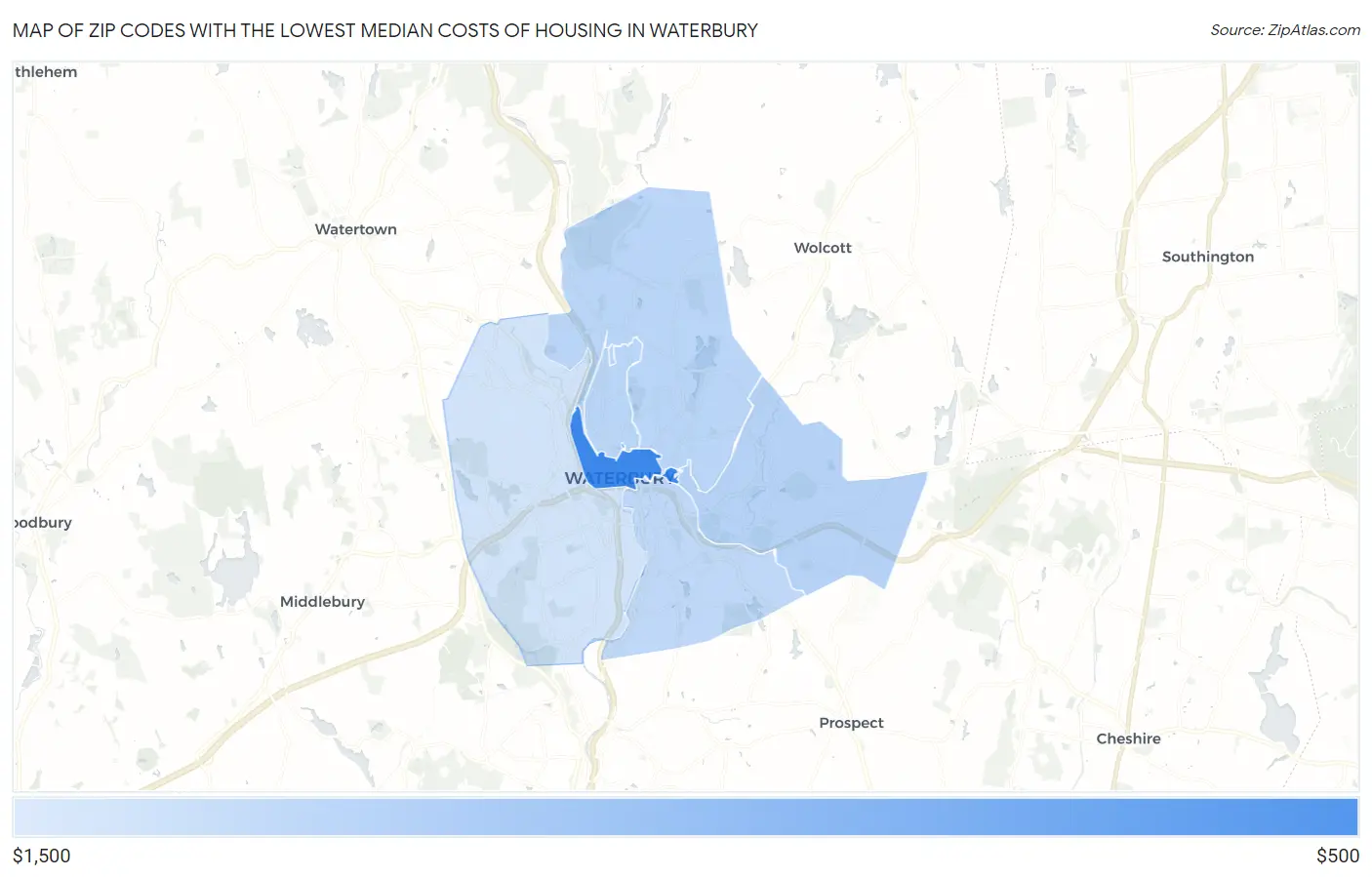 Zip Codes with the Lowest Median Costs of Housing in Waterbury Map