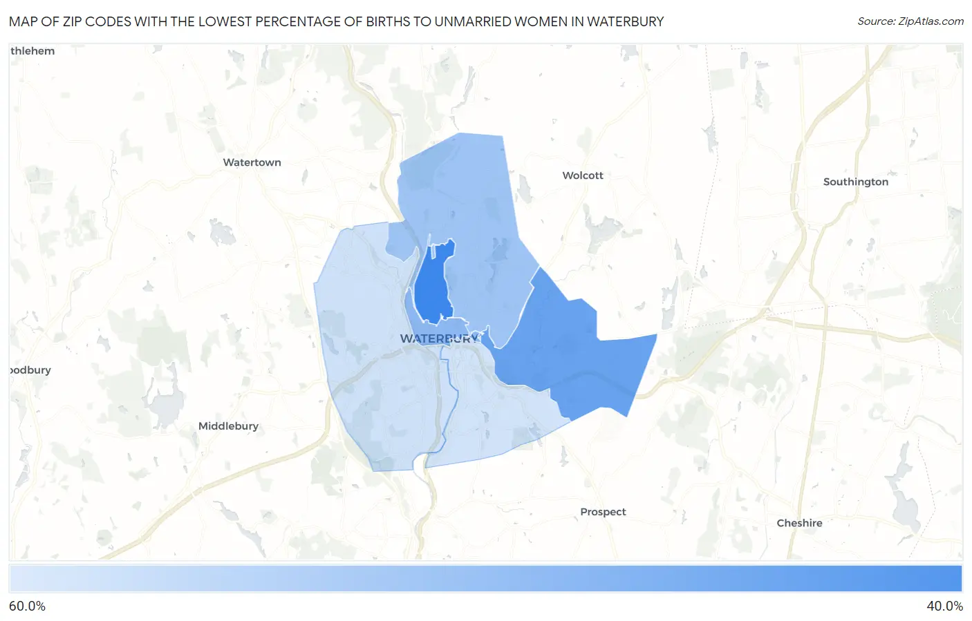 Zip Codes with the Lowest Percentage of Births to Unmarried Women in Waterbury Map