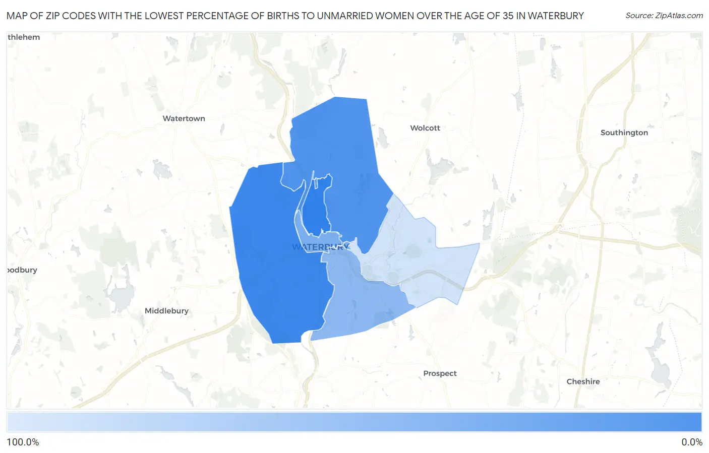 Zip Codes with the Lowest Percentage of Births to Unmarried Women over the Age of 35 in Waterbury Map