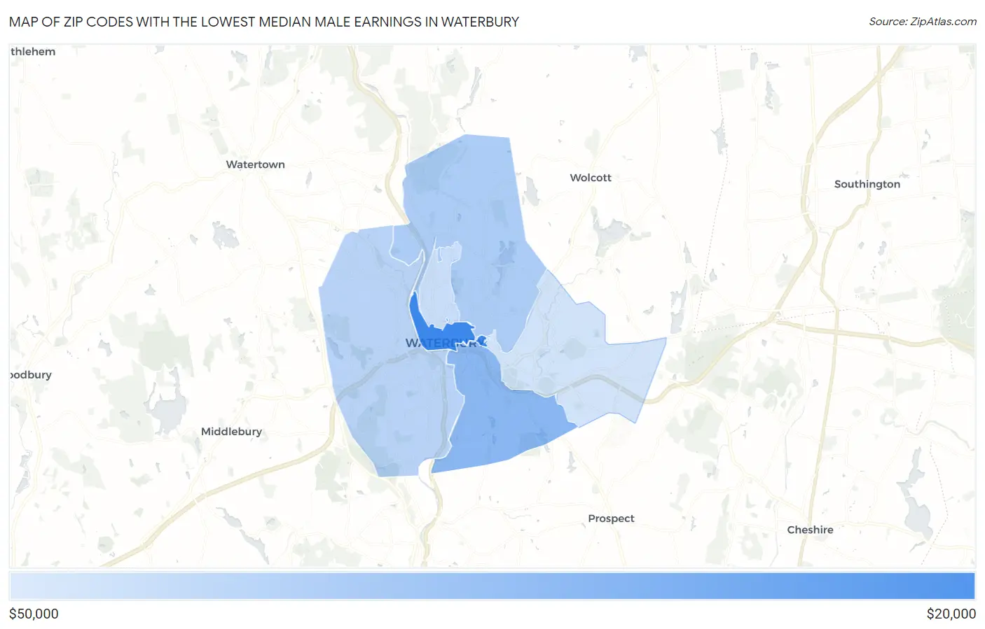 Zip Codes with the Lowest Median Male Earnings in Waterbury Map