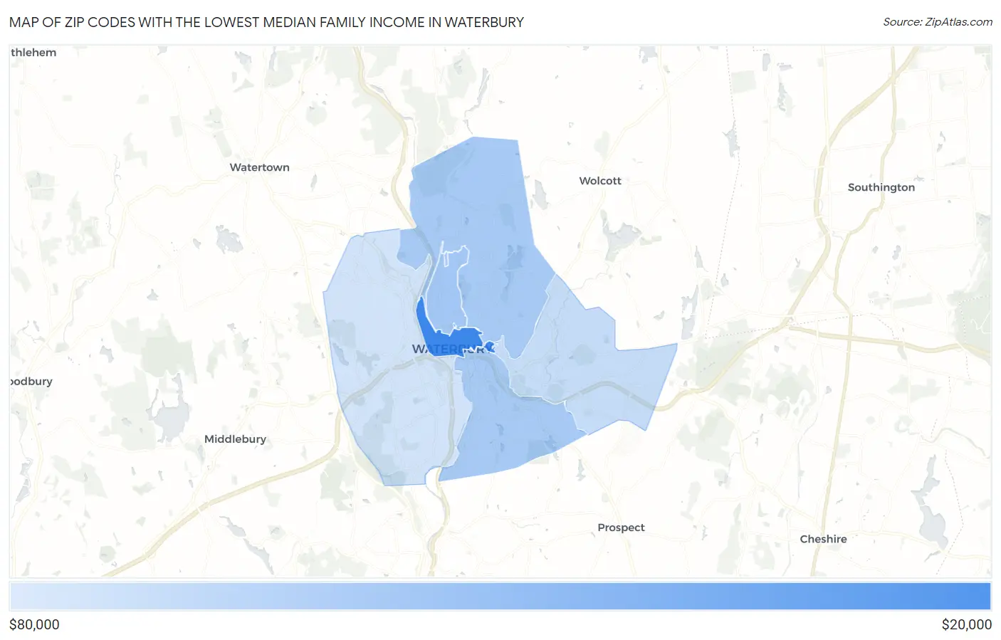 Zip Codes with the Lowest Median Family Income in Waterbury Map