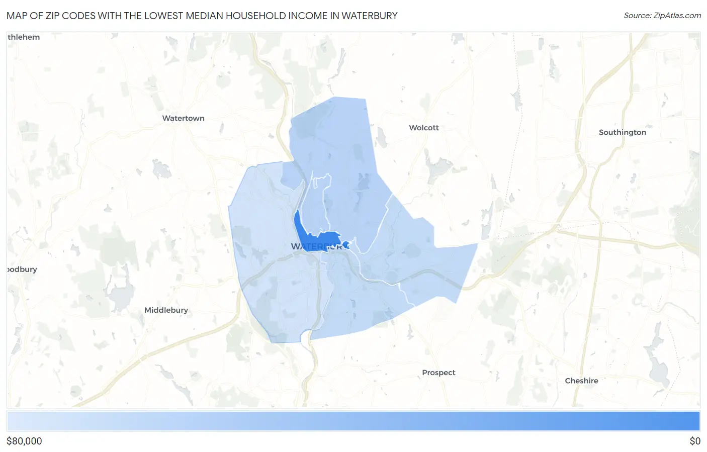 Zip Codes with the Lowest Median Household Income in Waterbury Map