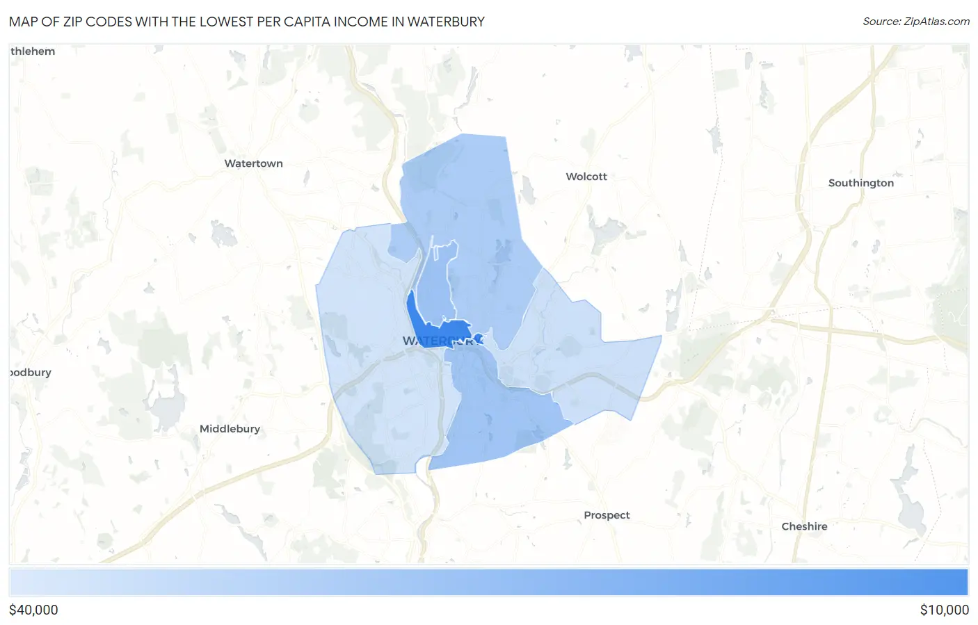 Zip Codes with the Lowest Per Capita Income in Waterbury Map
