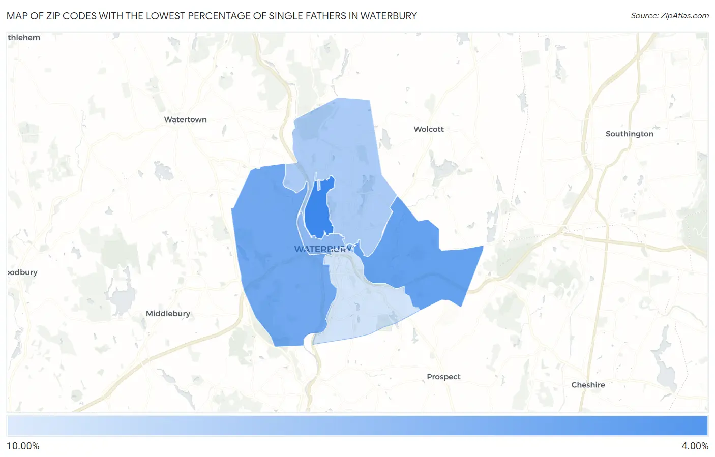 Zip Codes with the Lowest Percentage of Single Fathers in Waterbury Map