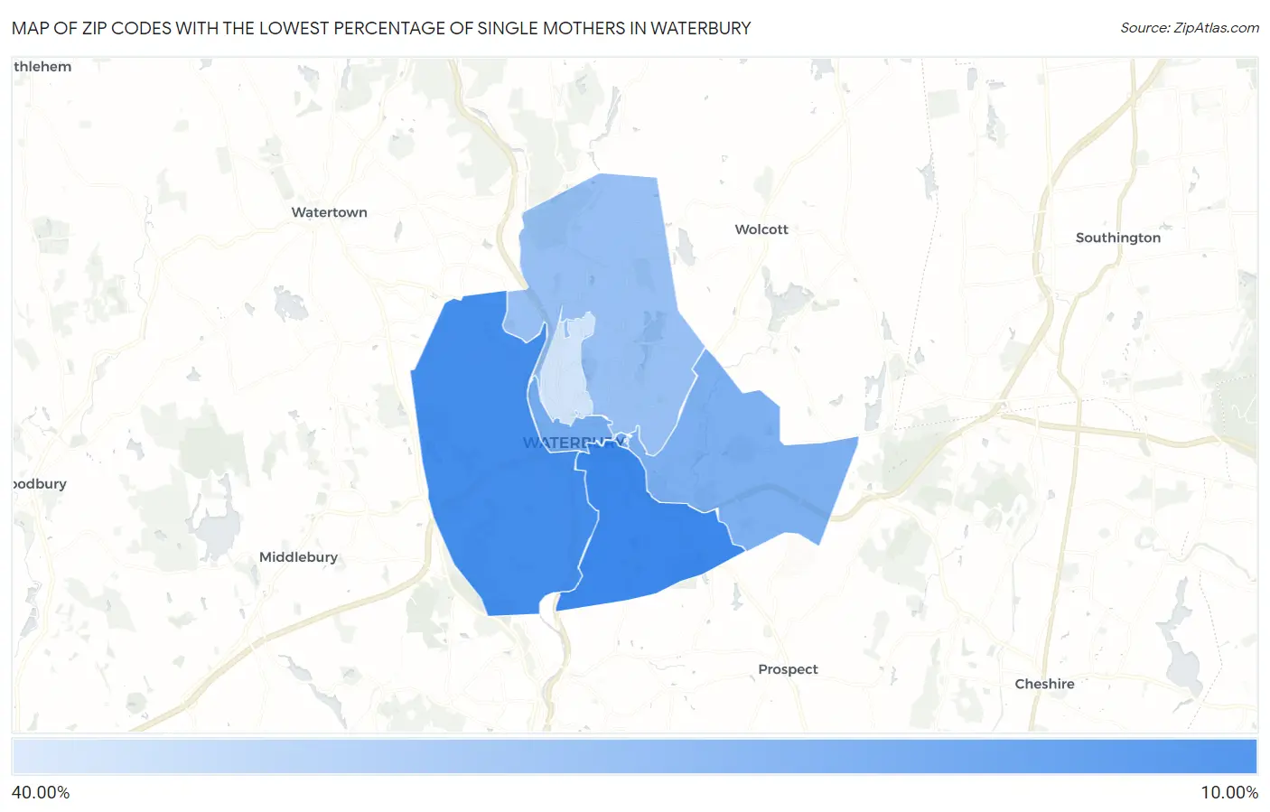 Zip Codes with the Lowest Percentage of Single Mothers in Waterbury Map