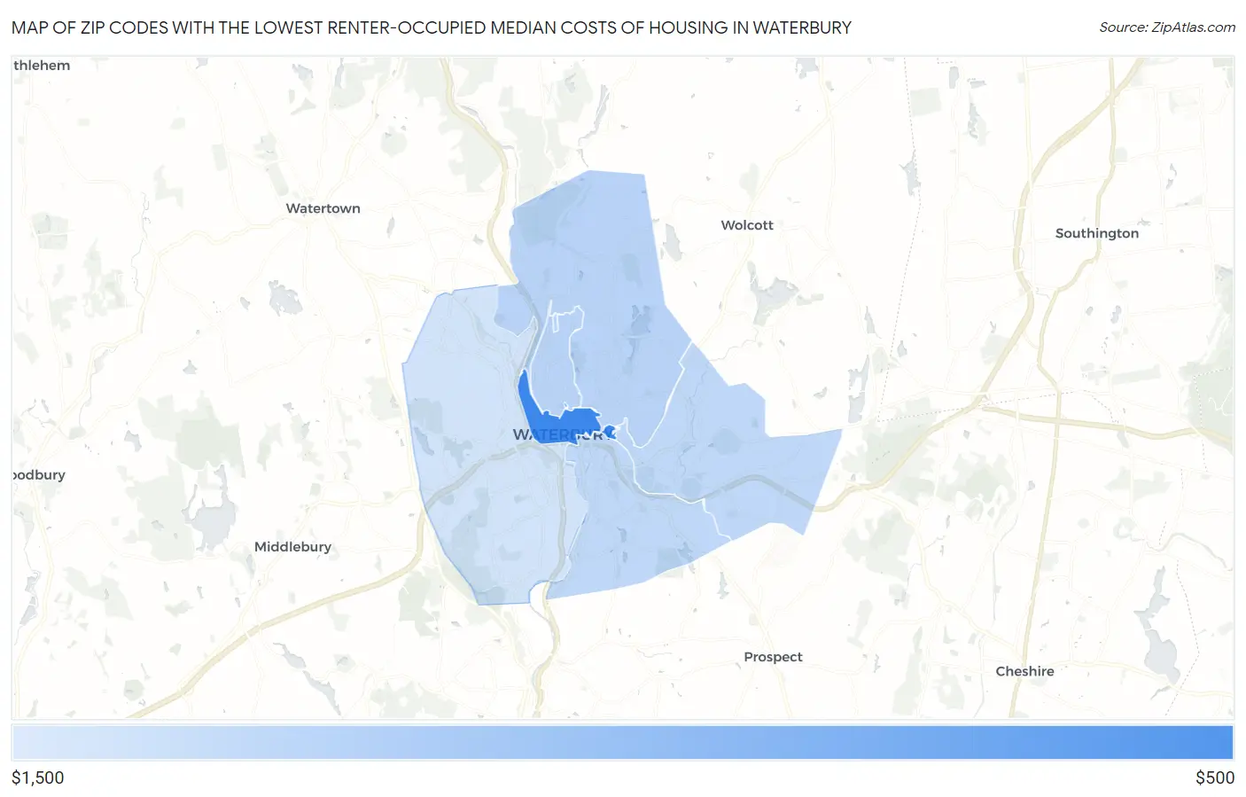 Zip Codes with the Lowest Renter-Occupied Median Costs of Housing in Waterbury Map