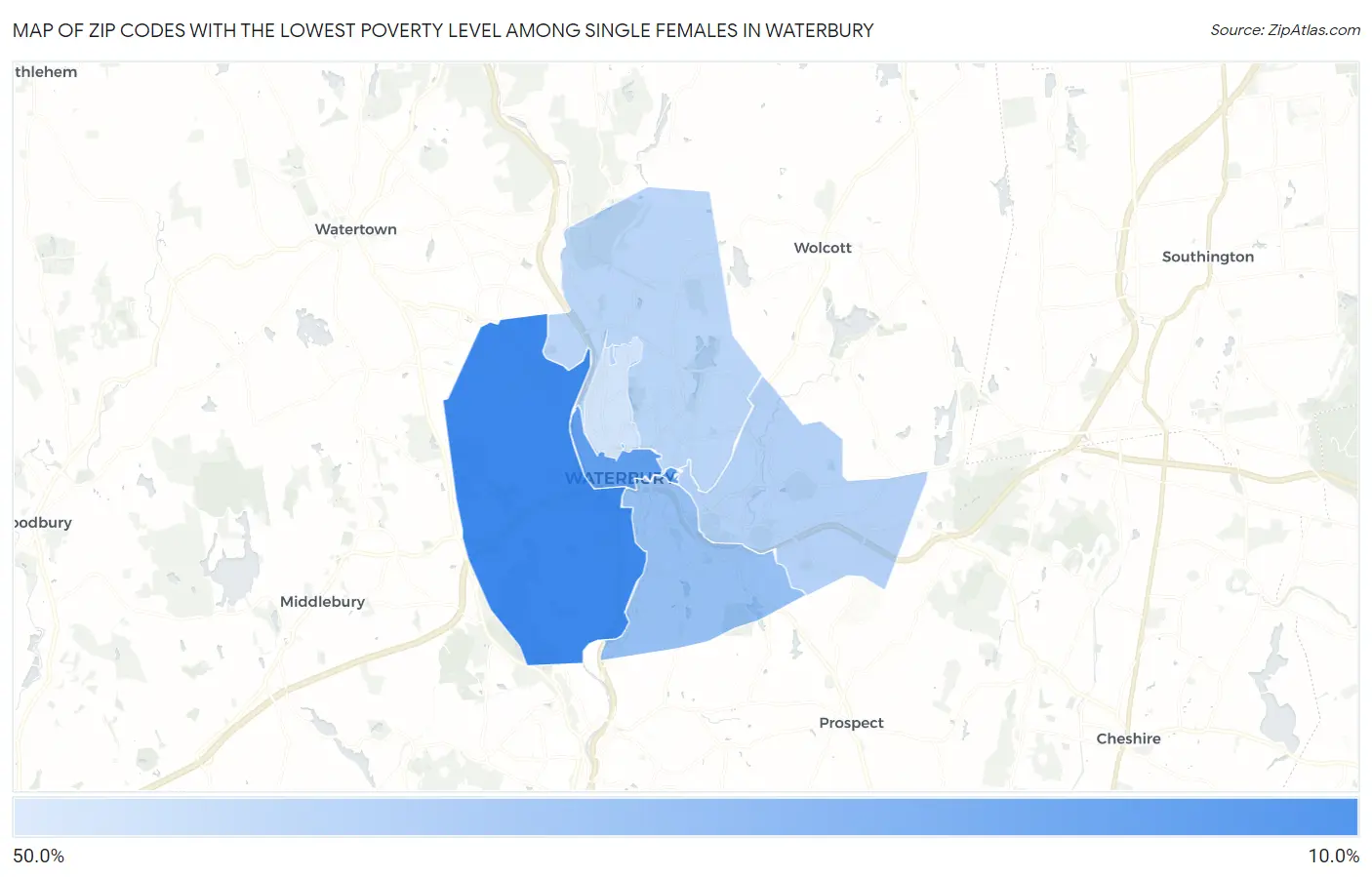 Zip Codes with the Lowest Poverty Level Among Single Females in Waterbury Map