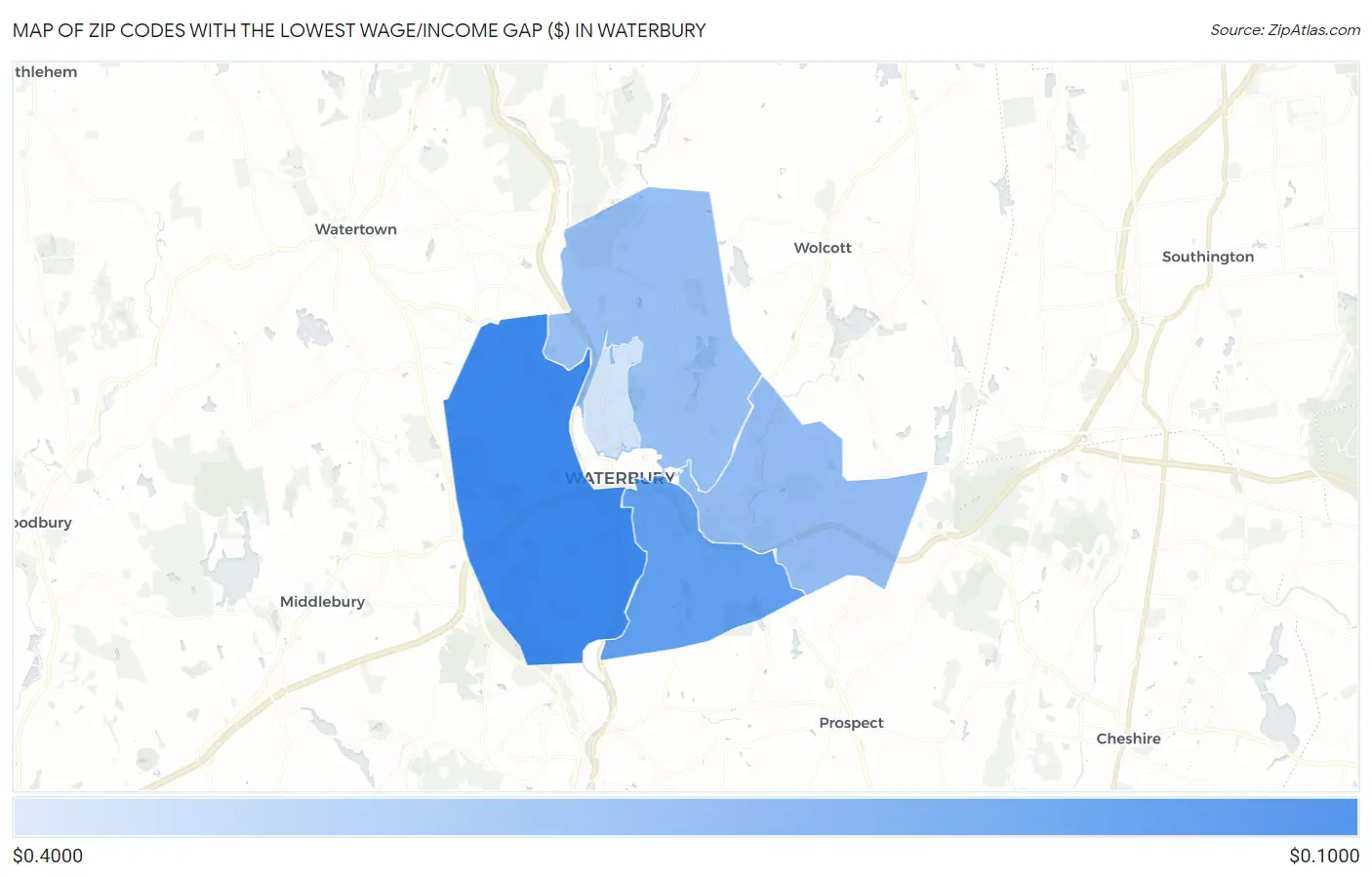 Zip Codes with the Lowest Wage/Income Gap ($) in Waterbury Map