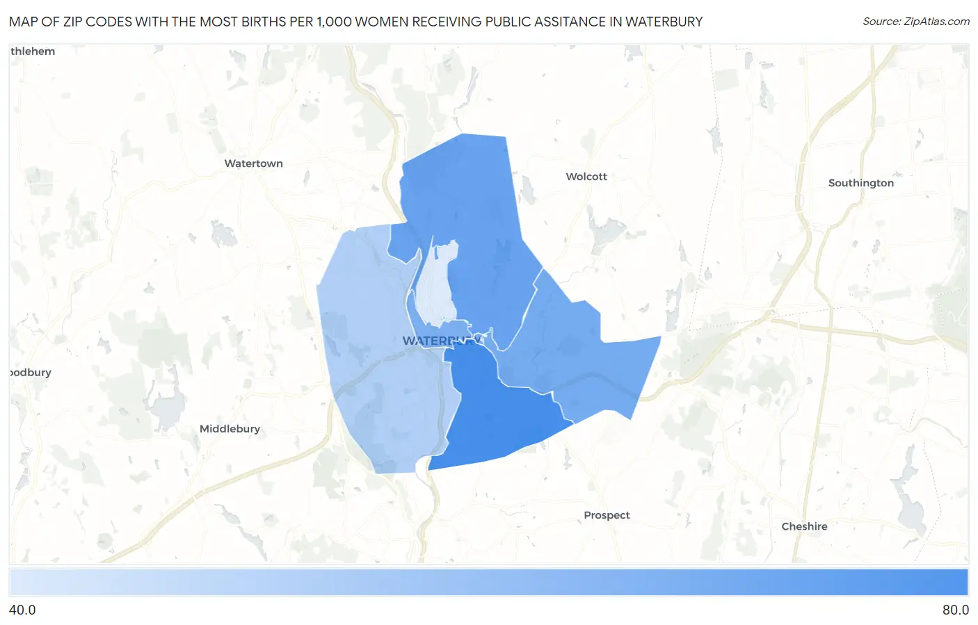 Zip Codes with the Most Births per 1,000 Women Receiving Public Assitance in Waterbury Map