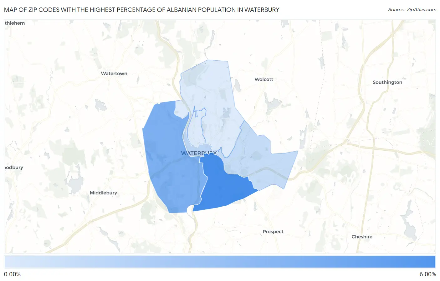 Zip Codes with the Highest Percentage of Albanian Population in Waterbury Map