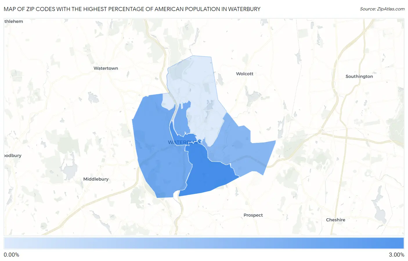 Zip Codes with the Highest Percentage of American Population in Waterbury Map