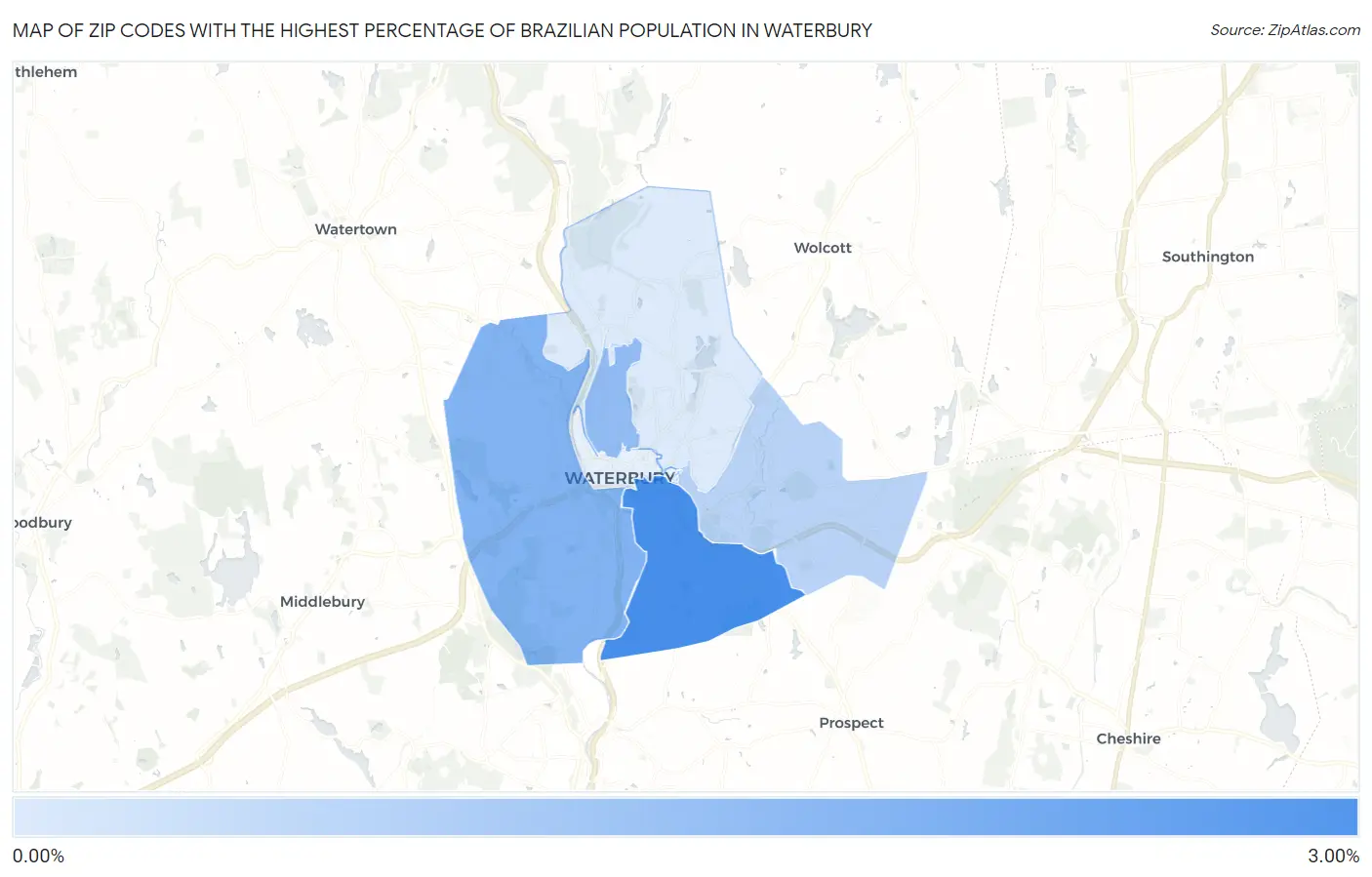 Zip Codes with the Highest Percentage of Brazilian Population in Waterbury Map