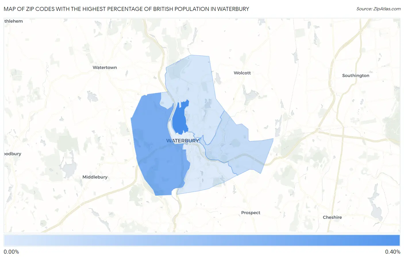 Zip Codes with the Highest Percentage of British Population in Waterbury Map