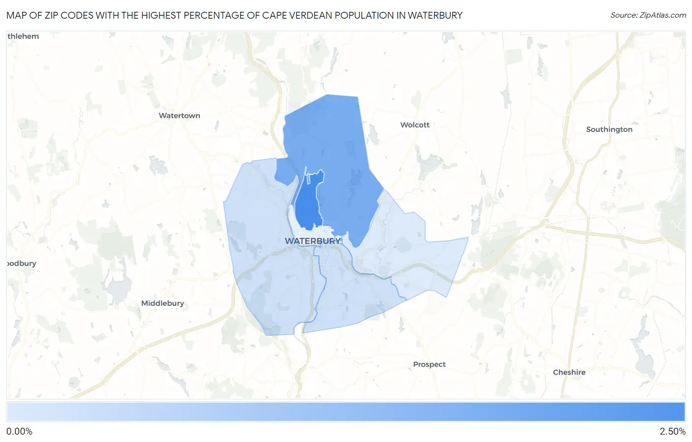 Zip Codes with the Highest Percentage of Cape Verdean Population in Waterbury Map