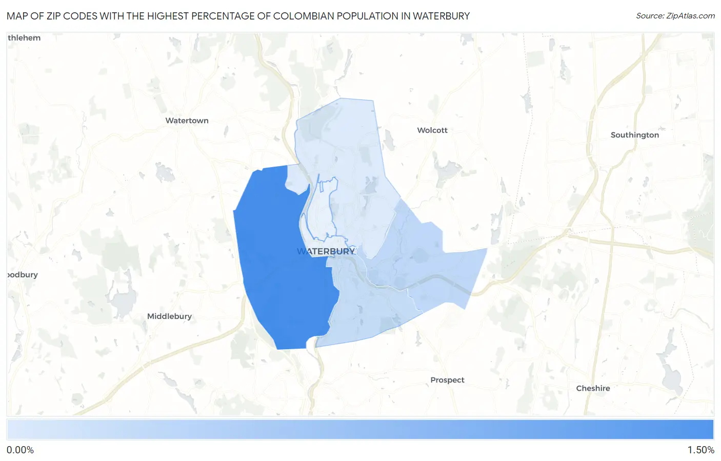 Zip Codes with the Highest Percentage of Colombian Population in Waterbury Map