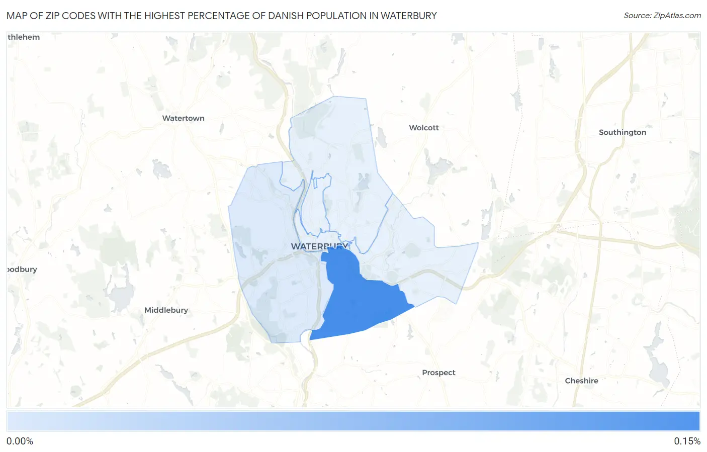 Zip Codes with the Highest Percentage of Danish Population in Waterbury Map