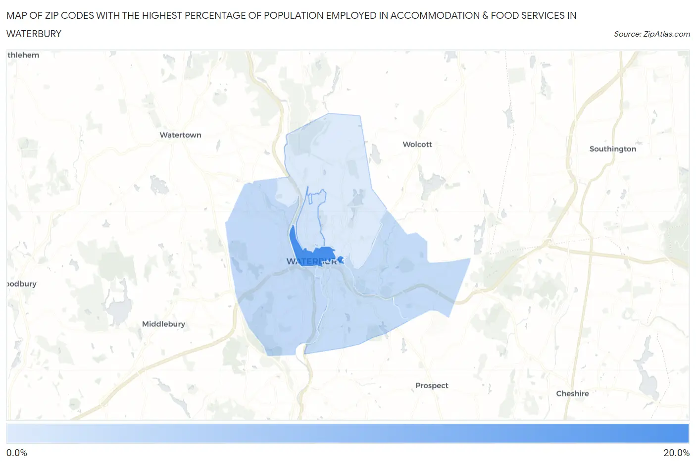 Zip Codes with the Highest Percentage of Population Employed in Accommodation & Food Services in Waterbury Map