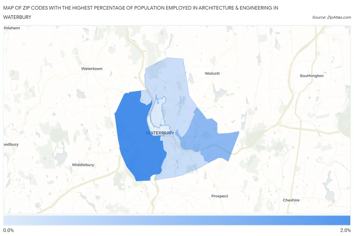 Zip Codes with the Highest Percentage of Population Employed in Architecture & Engineering in Waterbury Map