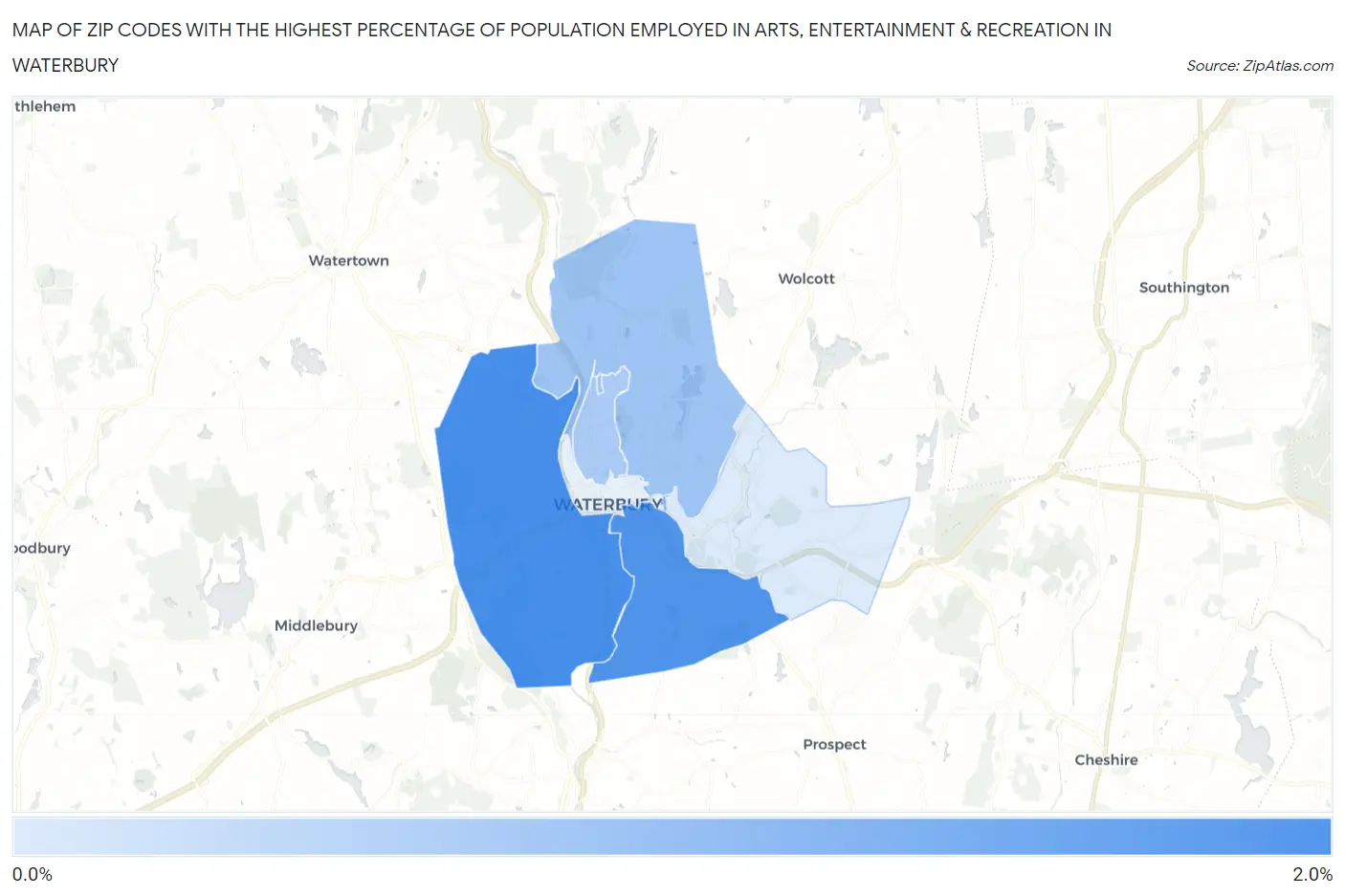 Zip Codes with the Highest Percentage of Population Employed in Arts, Entertainment & Recreation in Waterbury Map