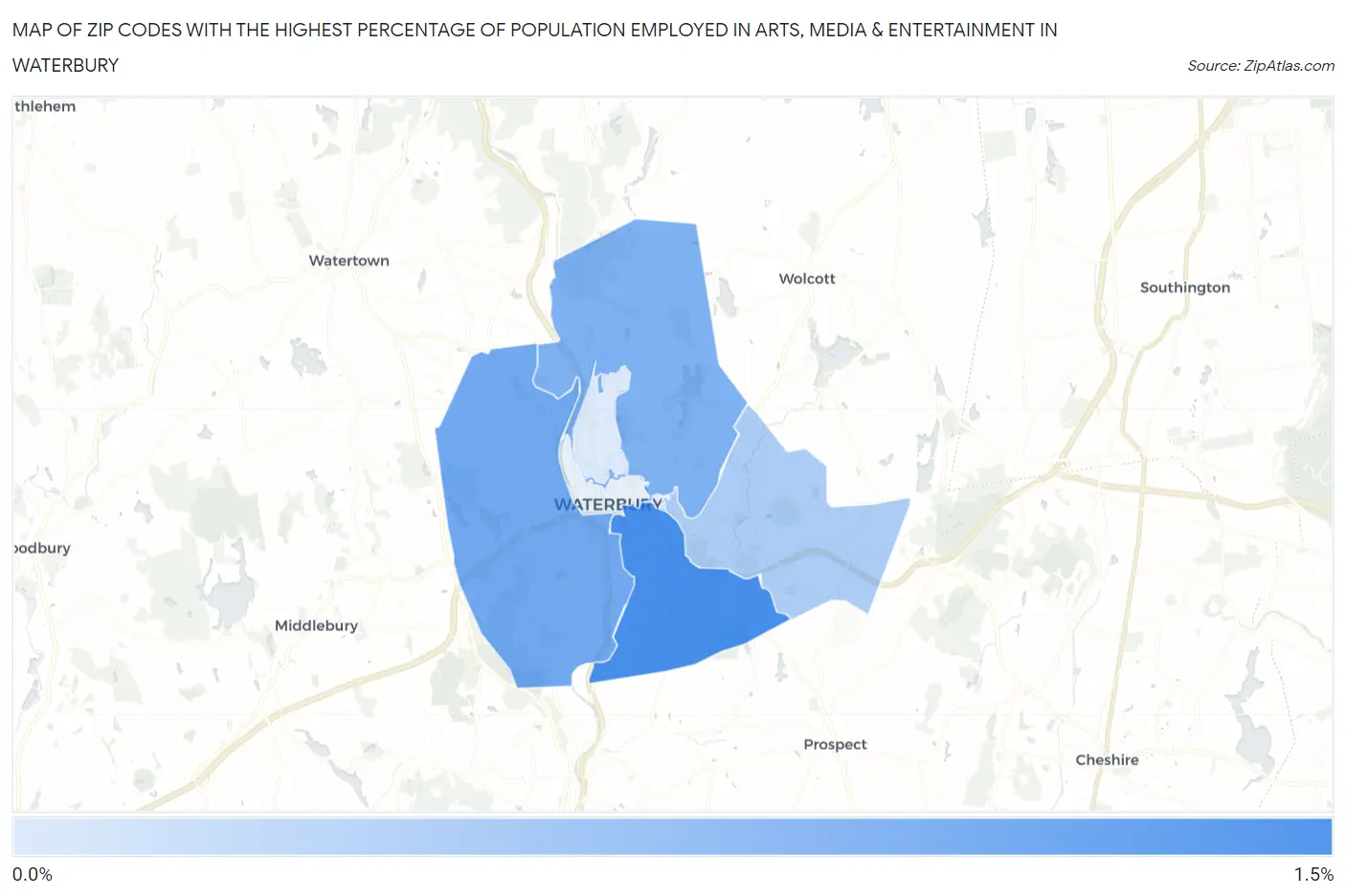Zip Codes with the Highest Percentage of Population Employed in Arts, Media & Entertainment in Waterbury Map