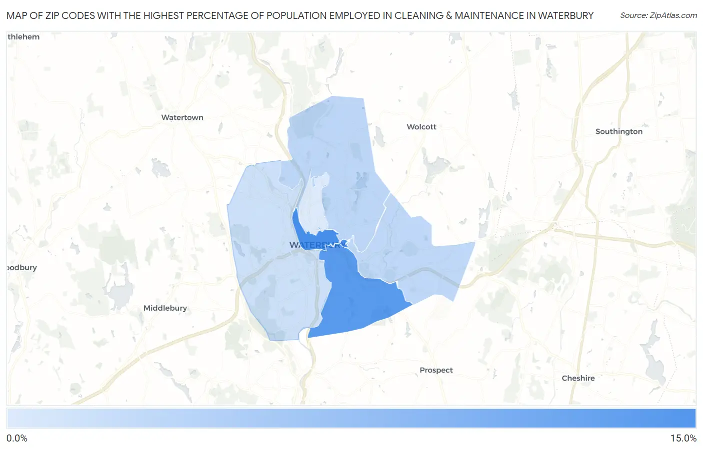 Zip Codes with the Highest Percentage of Population Employed in Cleaning & Maintenance in Waterbury Map