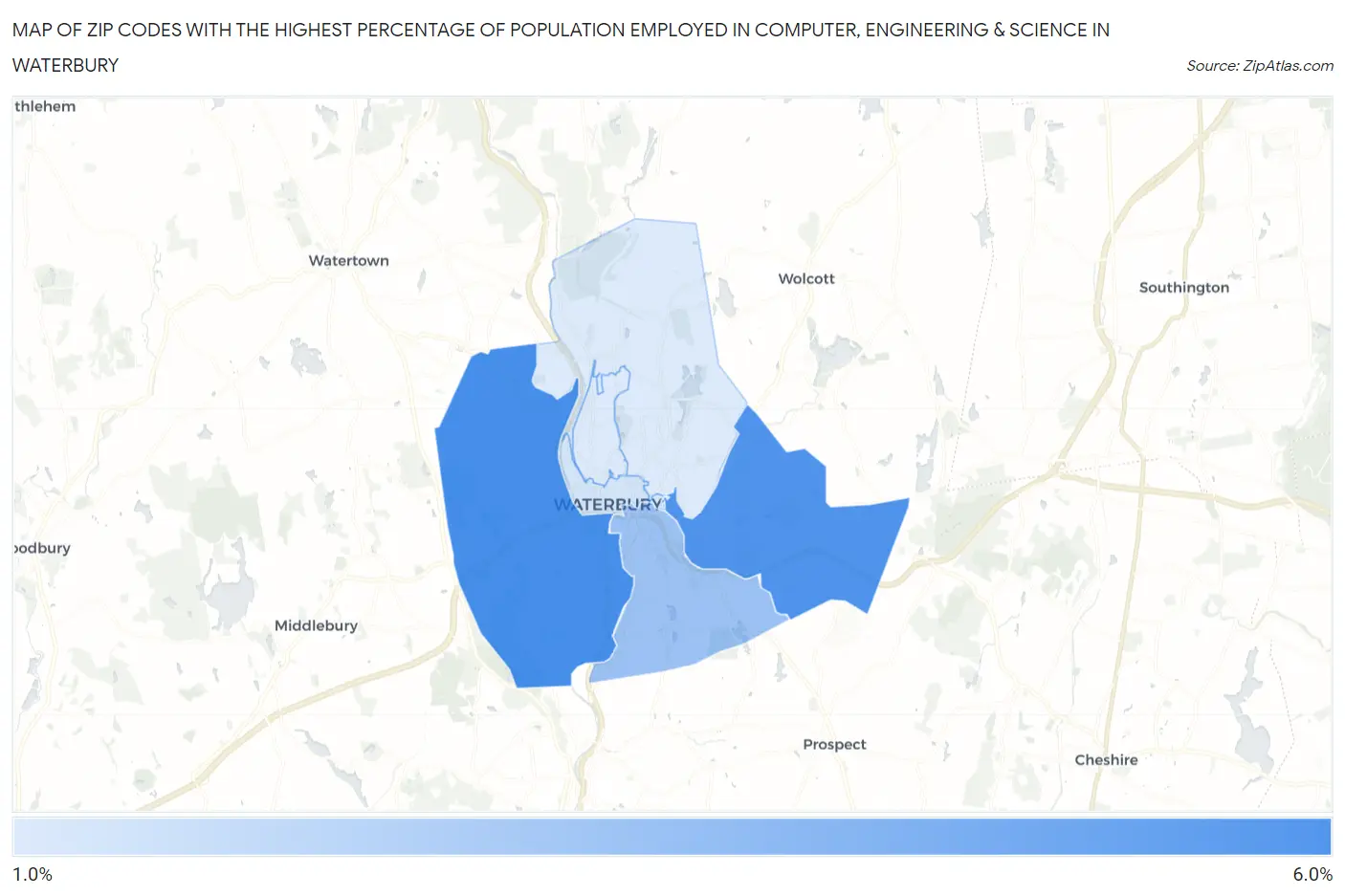 Zip Codes with the Highest Percentage of Population Employed in Computer, Engineering & Science in Waterbury Map