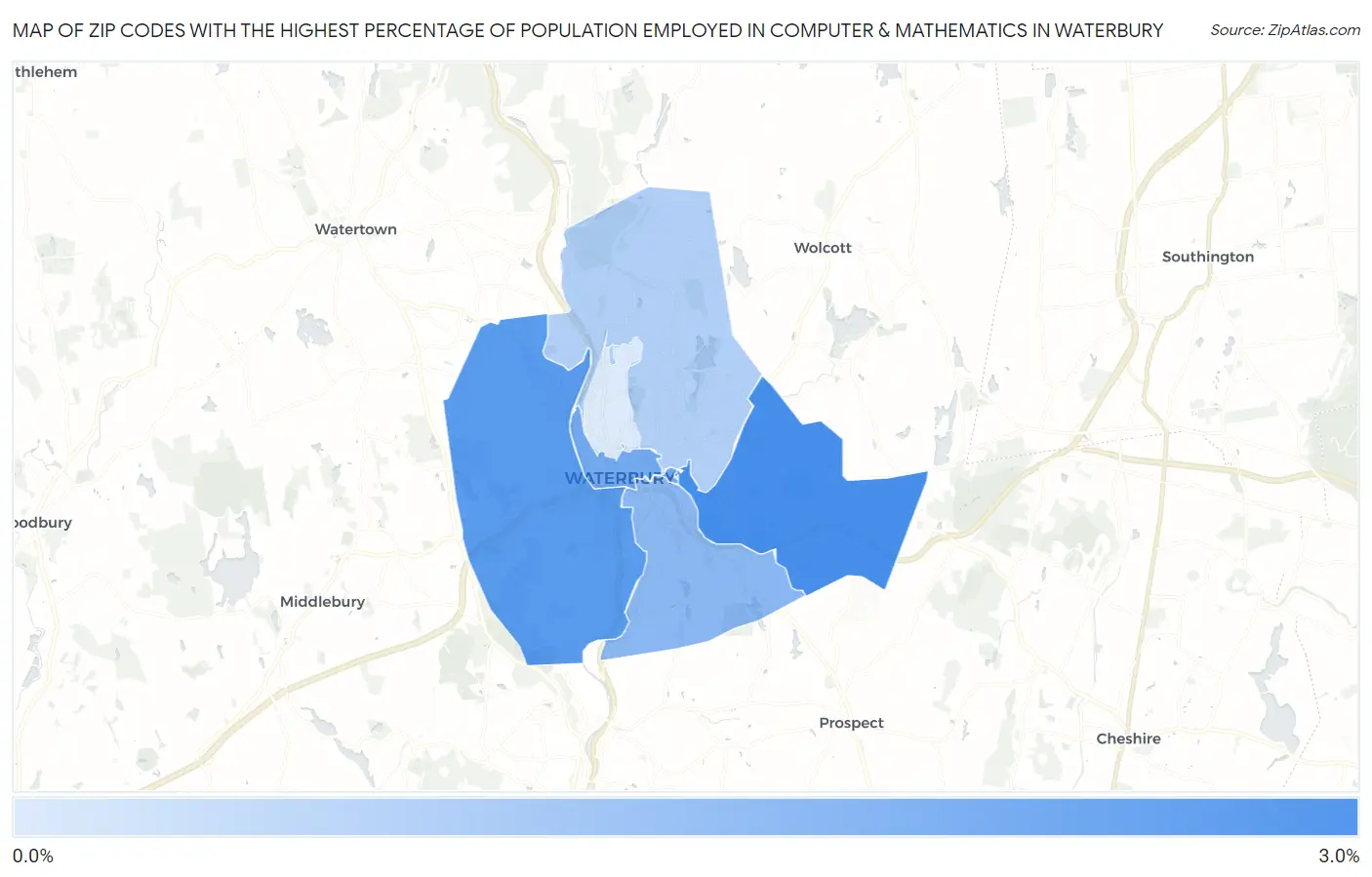 Zip Codes with the Highest Percentage of Population Employed in Computer & Mathematics in Waterbury Map