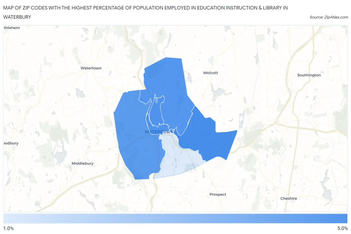 Zip Codes with the Highest Percentage of Population Employed in Education Instruction & Library in Waterbury Map