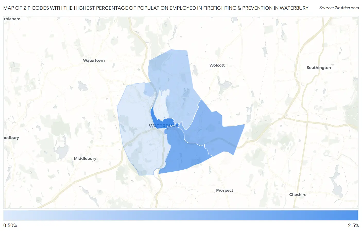 Zip Codes with the Highest Percentage of Population Employed in Firefighting & Prevention in Waterbury Map