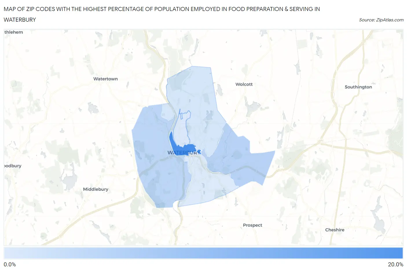 Zip Codes with the Highest Percentage of Population Employed in Food Preparation & Serving in Waterbury Map