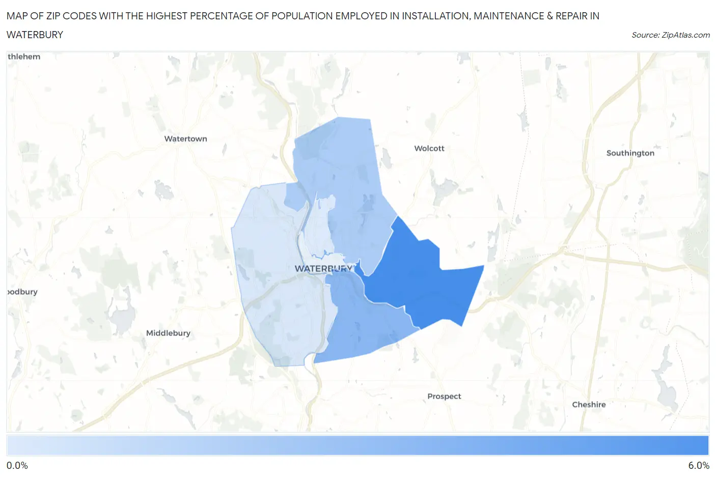 Zip Codes with the Highest Percentage of Population Employed in Installation, Maintenance & Repair in Waterbury Map