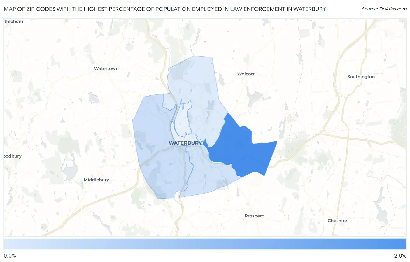 Zip Codes with the Highest Percentage of Population Employed in Law Enforcement in Waterbury Map