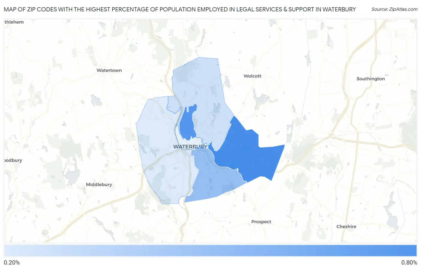 Zip Codes with the Highest Percentage of Population Employed in Legal Services & Support in Waterbury Map