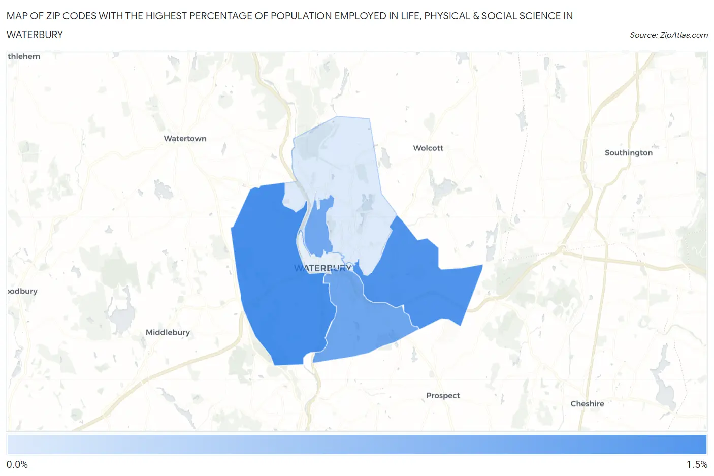 Zip Codes with the Highest Percentage of Population Employed in Life, Physical & Social Science in Waterbury Map