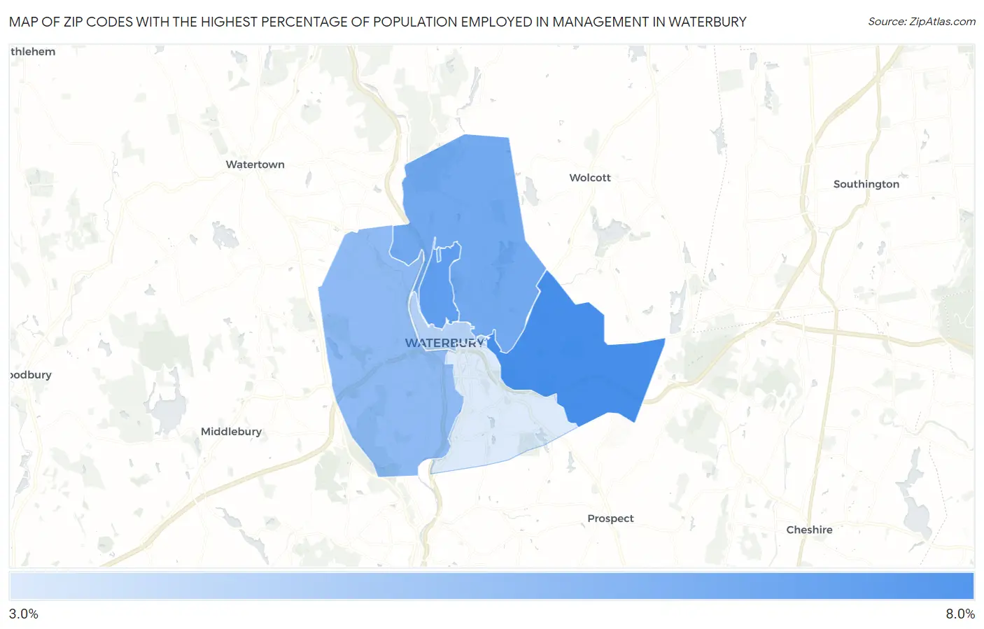 Zip Codes with the Highest Percentage of Population Employed in Management in Waterbury Map