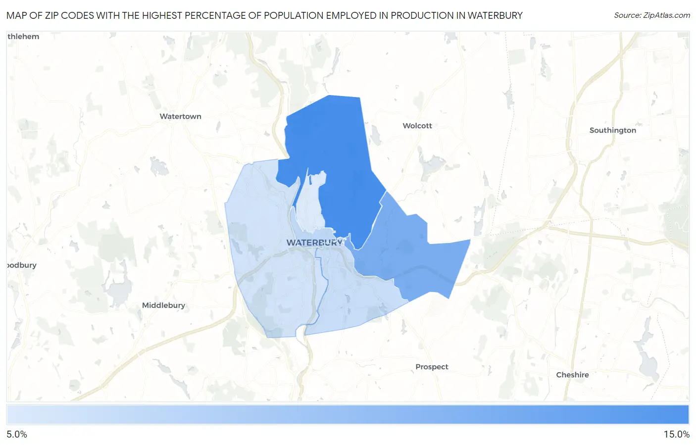 Zip Codes with the Highest Percentage of Population Employed in Production in Waterbury Map