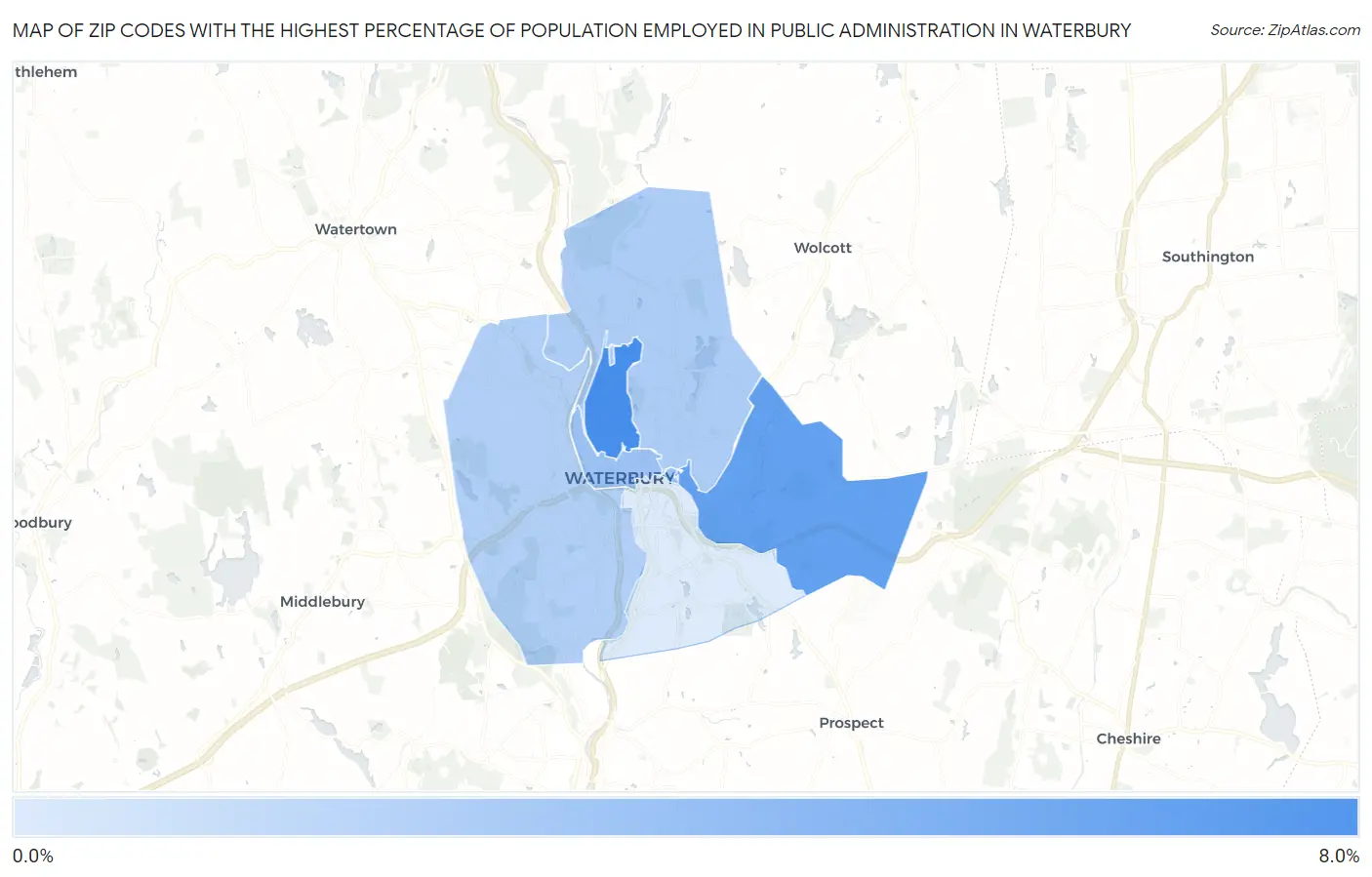 Zip Codes with the Highest Percentage of Population Employed in Public Administration in Waterbury Map
